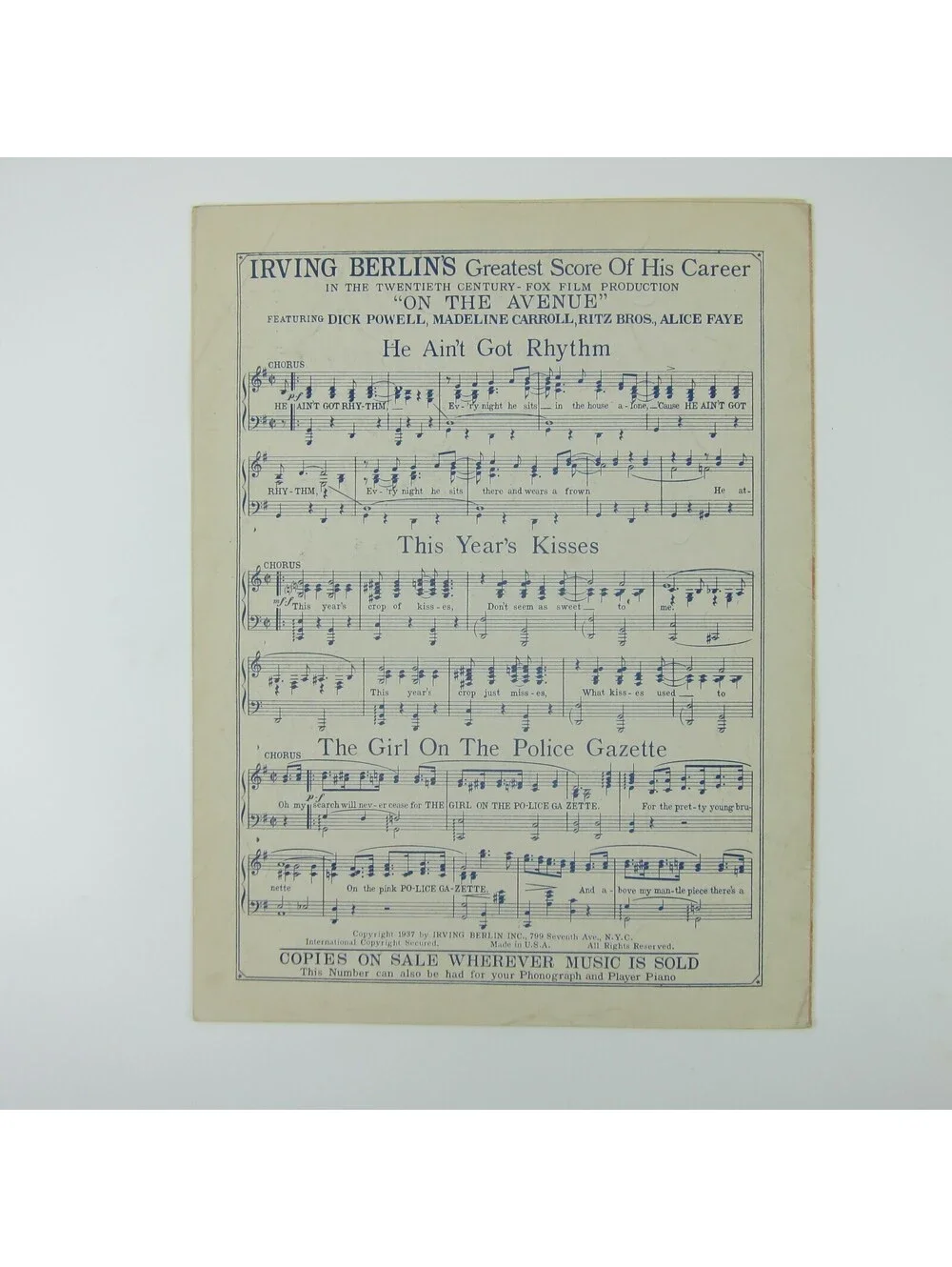 Sheet Music I've Got My Love To Keep Me Warm On The Avenue Film Vintage 1937